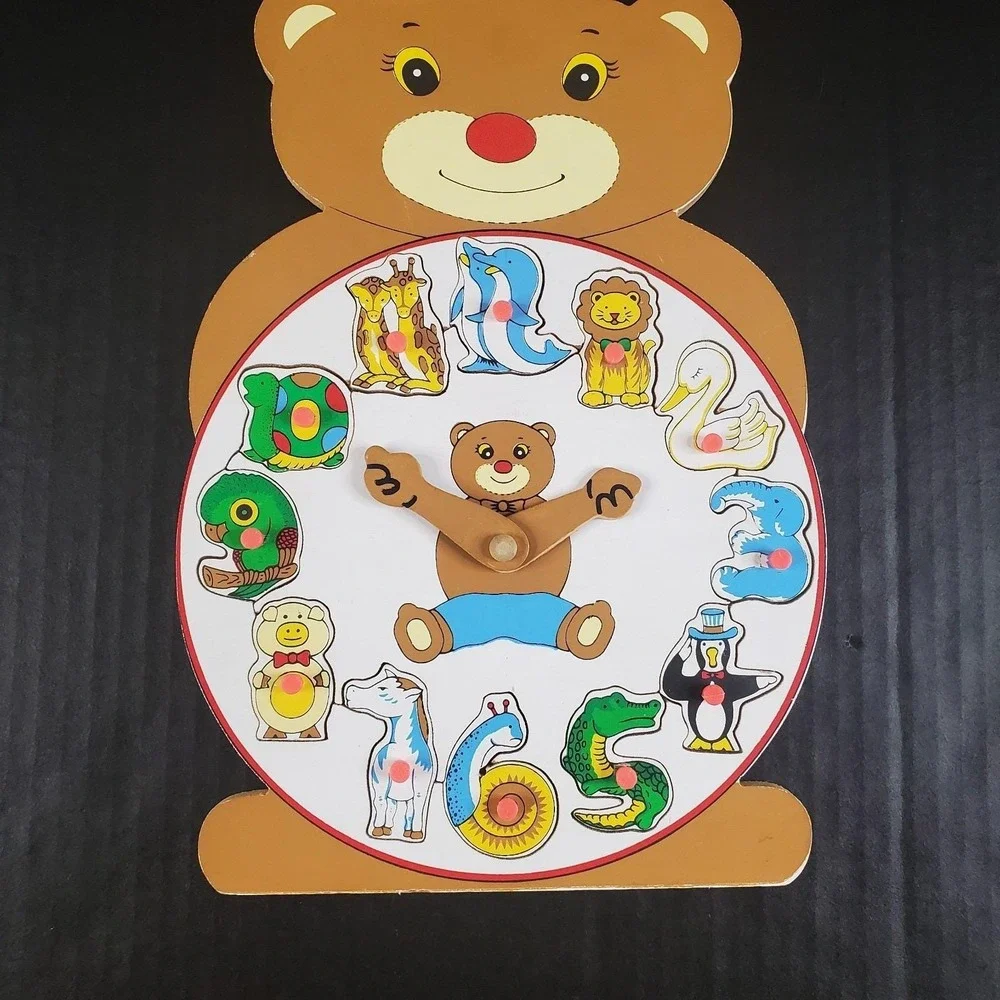 Vintage Wooden Teddy Bear Puzzle Removable Animal Shaped Numbers, Movable Hands
